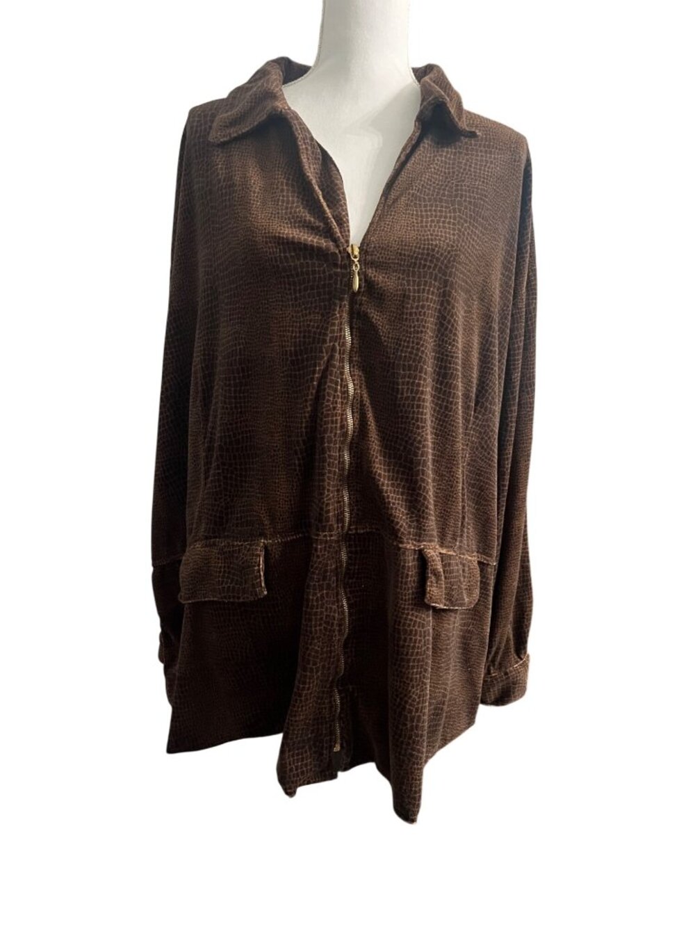 Vintage Era Y2K Chocolate Brown Reptile Print Zip Jacket Plus Size 34 Gold Flava